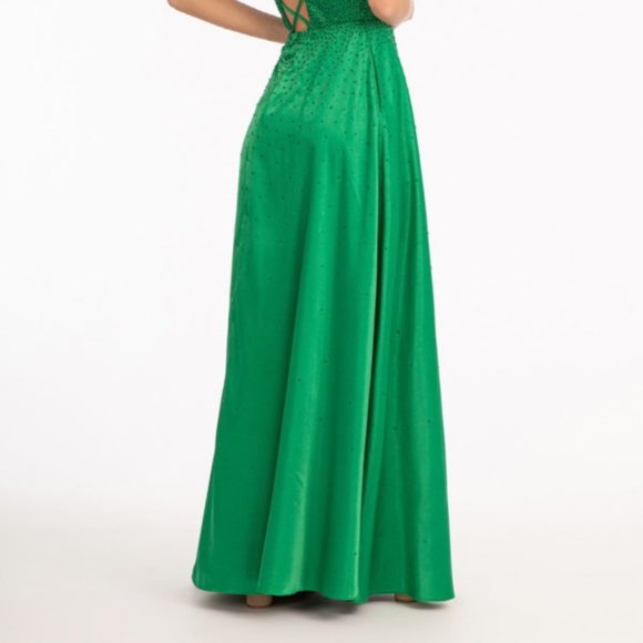 NEW GREEN LONG A-LINE DRESS WITH STRAPS ILLUSION SWEETHEART PROM GOWN GL3039 - Picture 6 of 8